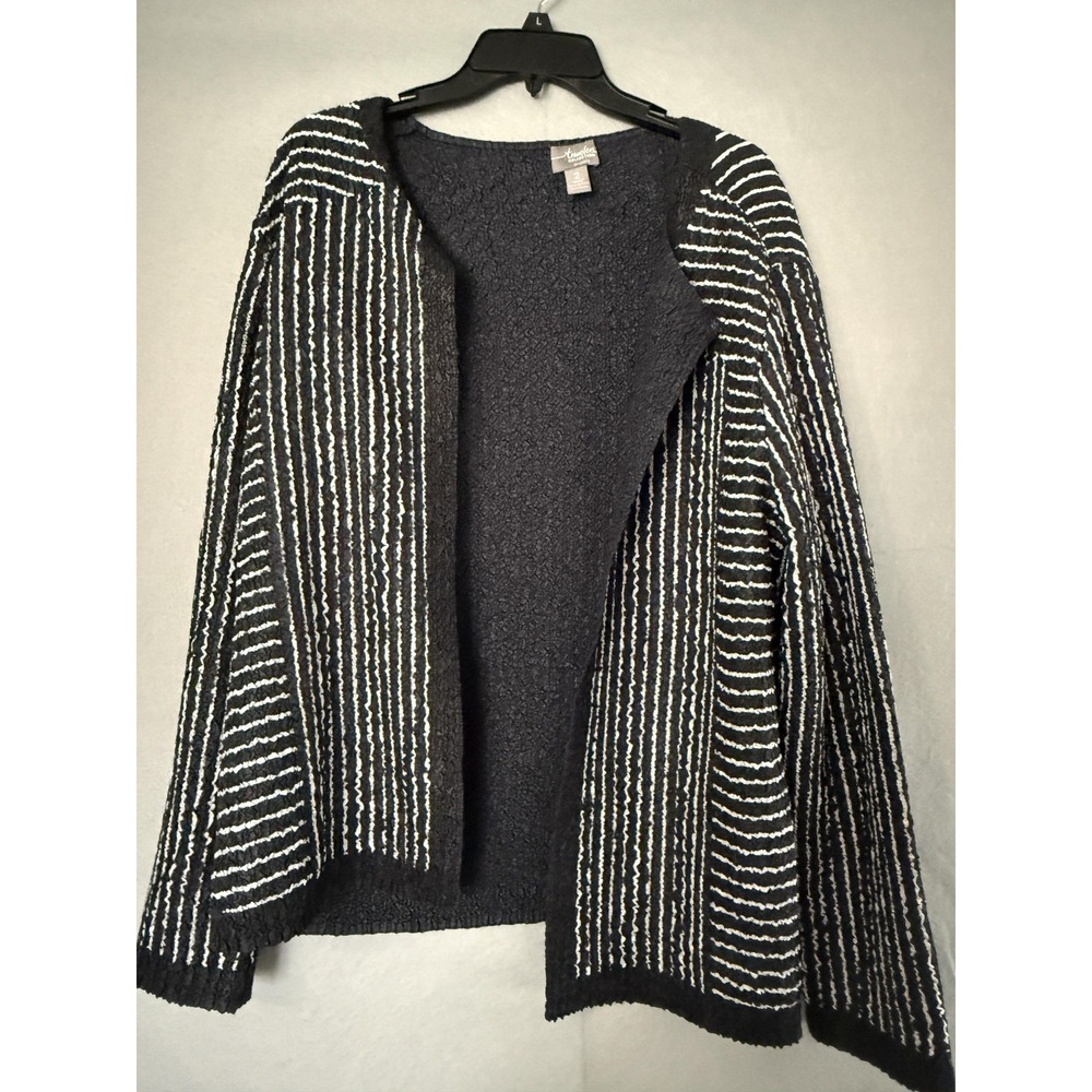 Chicos Travelers Cardigan Sweater Womens 2 Black White Stripe Open Front Knit